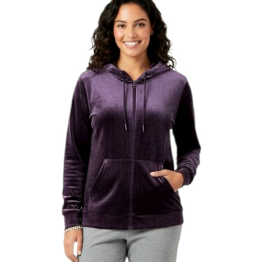 Time and Tru Purple Velour Hooded Jacket Full Zip Pouch Pocket Sz Large NWOT